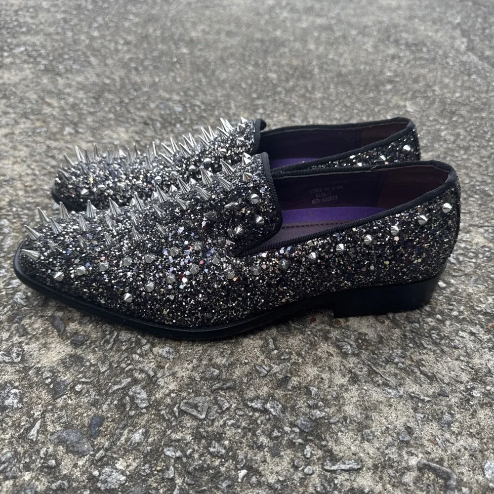After Minute Black Spikes Slip-On Smoking‎ Men's Prom Dress Shoes Sz 7 Glitter